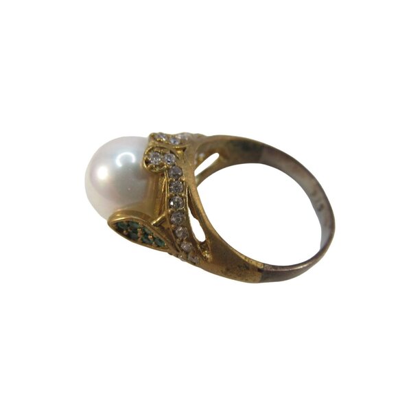 Faux Pearl Green and Clear Rhinestone Sterling Silver Gold Vermeil Ring Size 8.2 - Picture 6 of 12